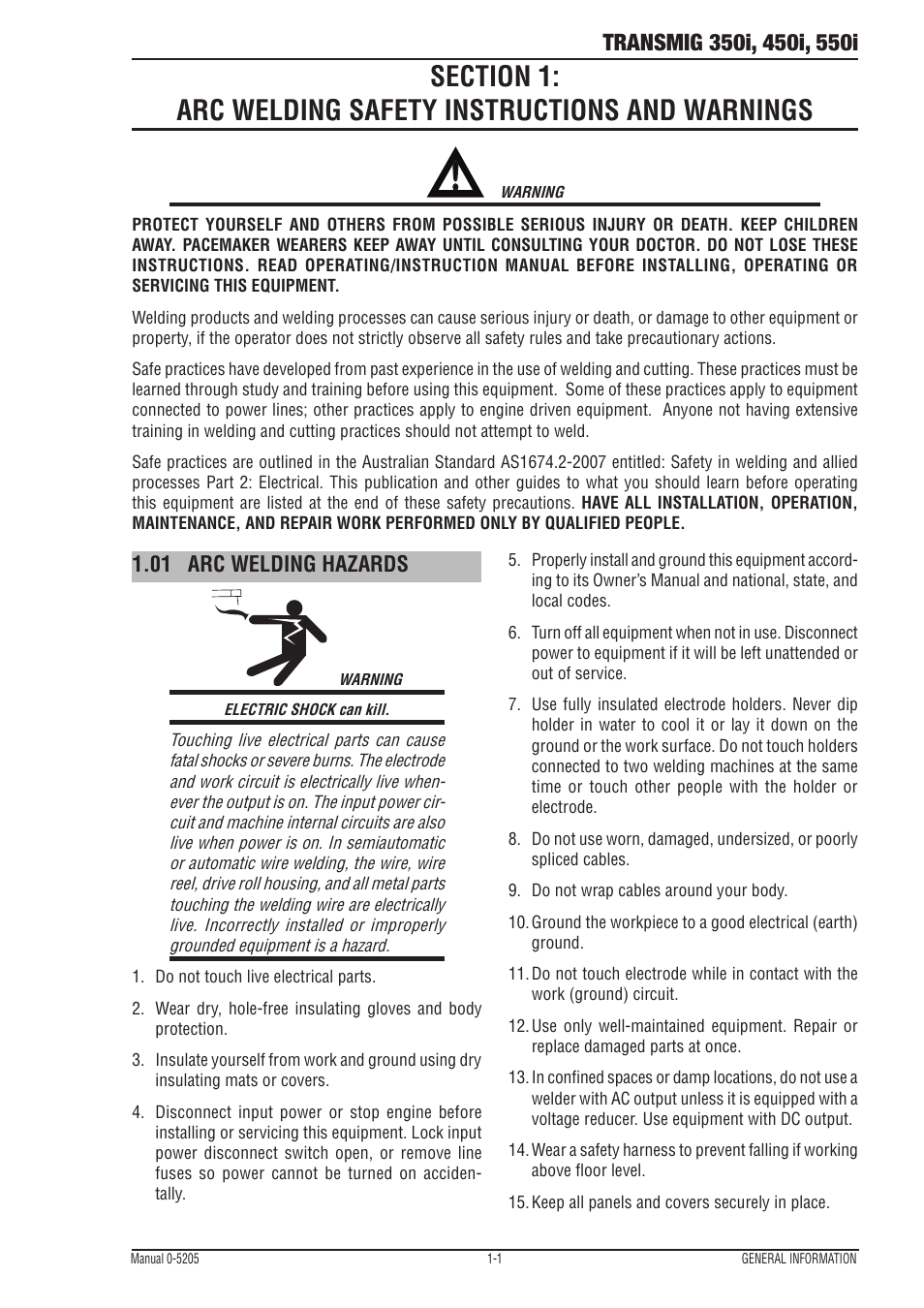 01 arc welding hazards | Tweco 550i Transmig User Manual | Page 7 / 88
