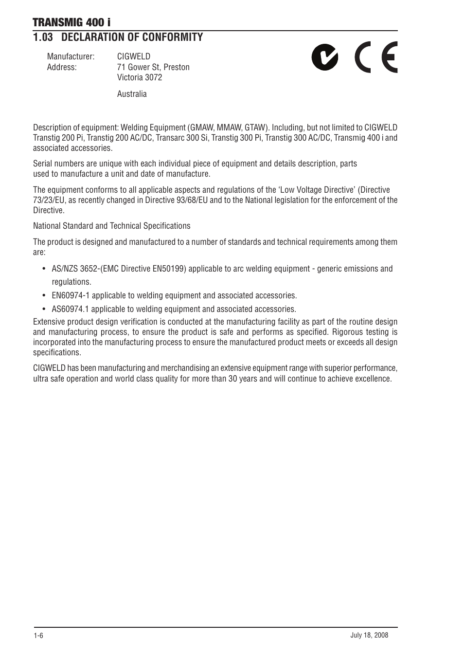 03 declaration of conformity, 03 declaration of conformity -6, Transmig 400 i | Tweco 400i Transmig User Manual | Page 12 / 64