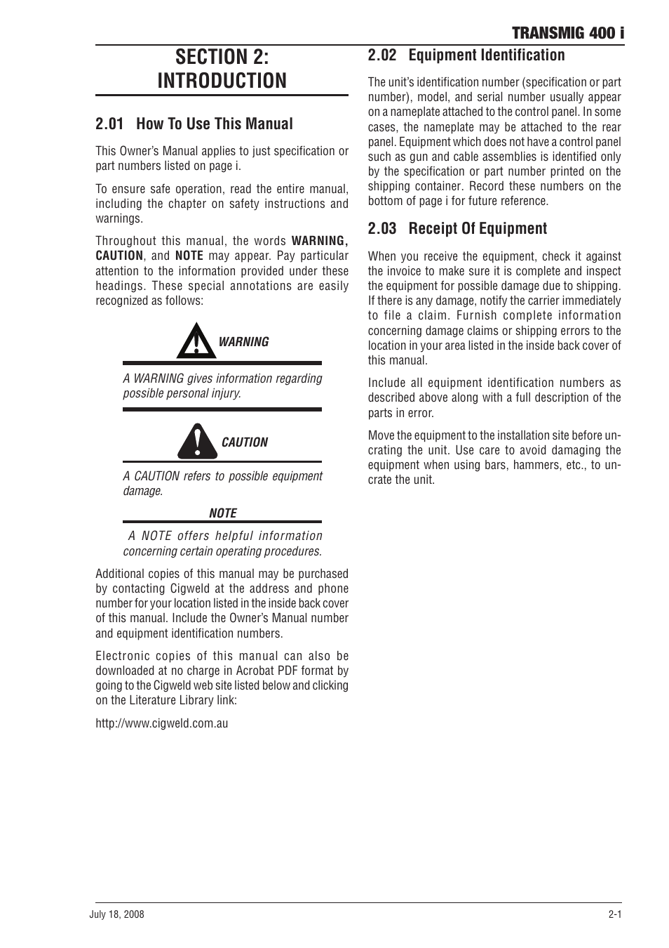 Section 2: introduction, 01 how to use this manual, 02 equipment identification | 03 receipt of equipment, Section 2, Introduction -1, Transmig 400 i | Tweco 400i Transmig User Manual | Page 13 / 64