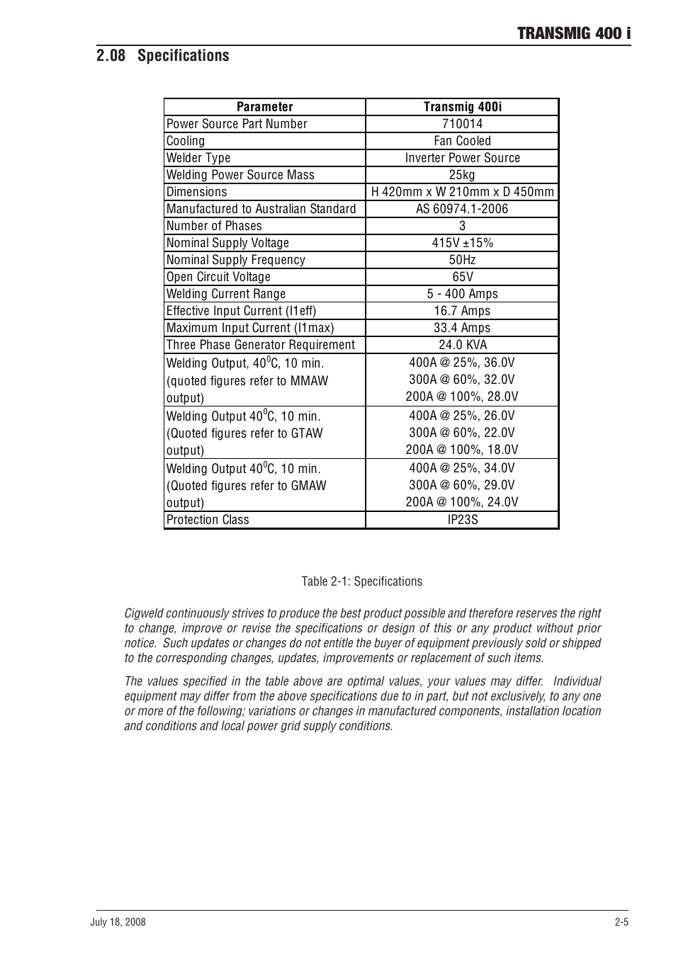 08 specifications, 08 specifications -5, Transmig 400 i | Tweco 400i Transmig User Manual | Page 17 / 64