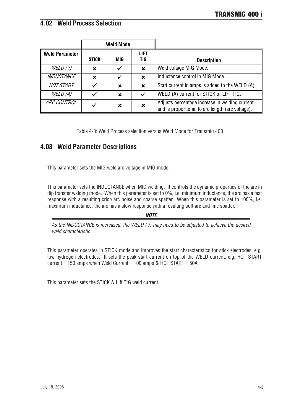 02 weld process selection, 03 weld parameter descriptions, Transmig 400 i | Tweco 400i Transmig User Manual | Page 25 / 64