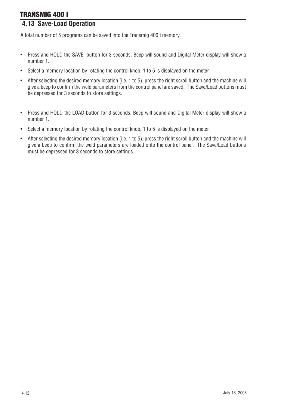 13 save-load operation, Transmig 400 i | Tweco 400i Transmig User Manual | Page 34 / 64