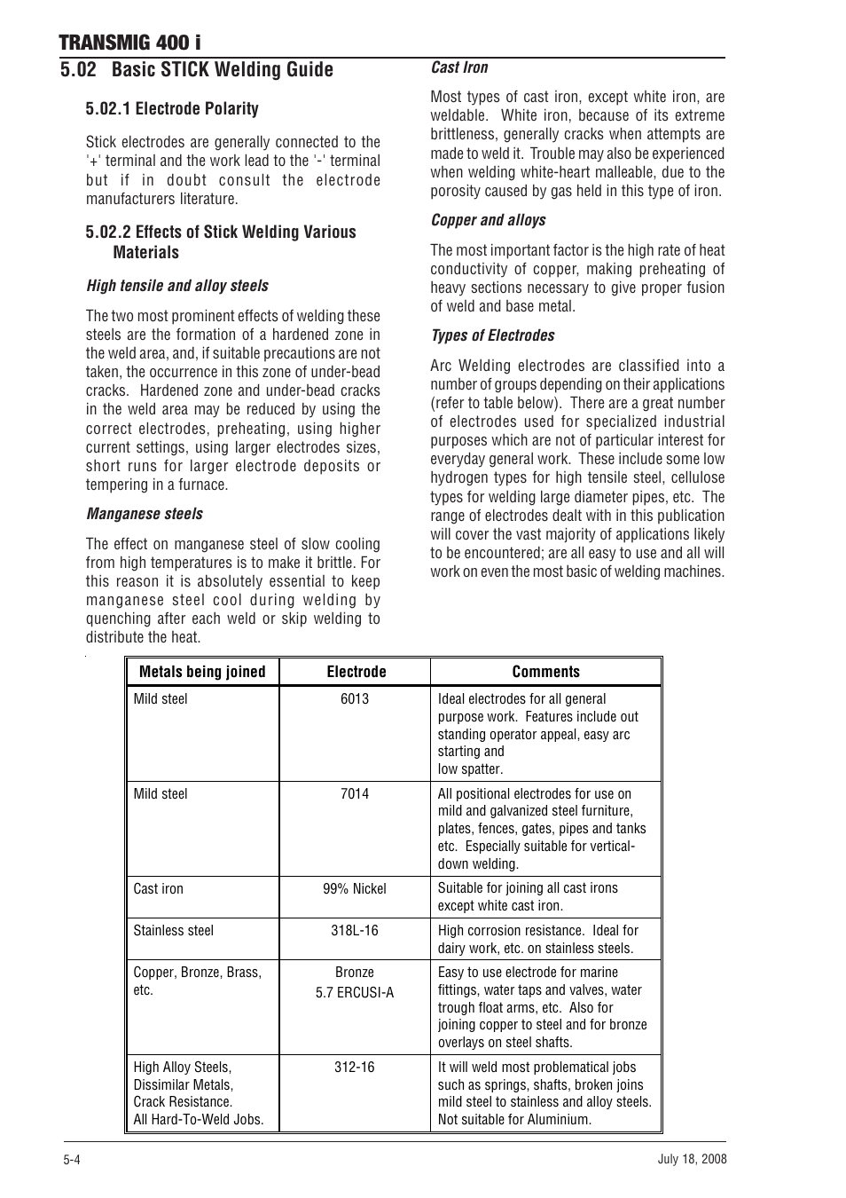 02 basic stick welding guide, 1 electrode polarity, 2 effects of stick welding various materials | 02 basic stick welding guide -4, Transmig 400 i | Tweco 400i Transmig User Manual | Page 38 / 64