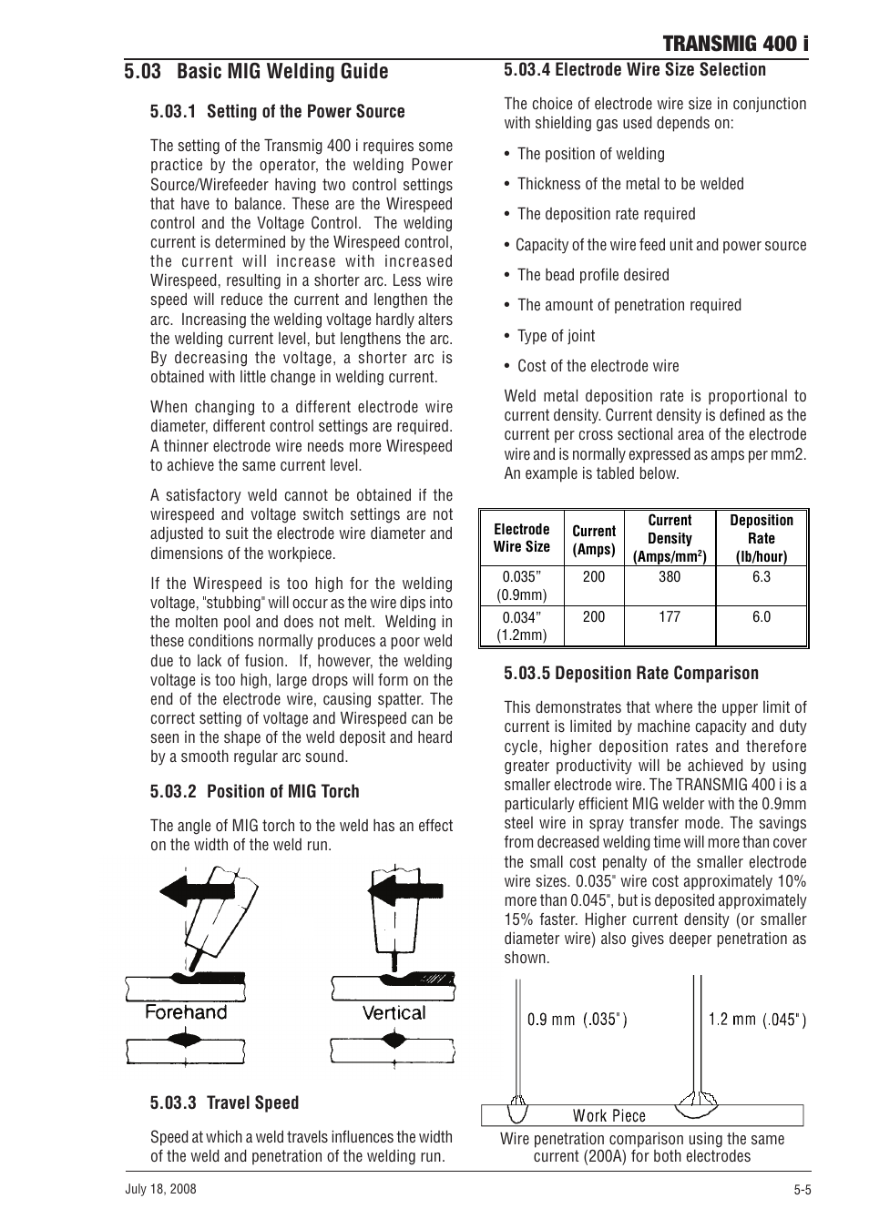 03 basic mig welding guide, 1 setting of the power source, 2 position of mig torch | 3 travel speed, 4 electrode wire size selection, 5 deposition rate comparison, 03 basic mig welding guide -5, Transmig 400 i | Tweco 400i Transmig User Manual | Page 39 / 64