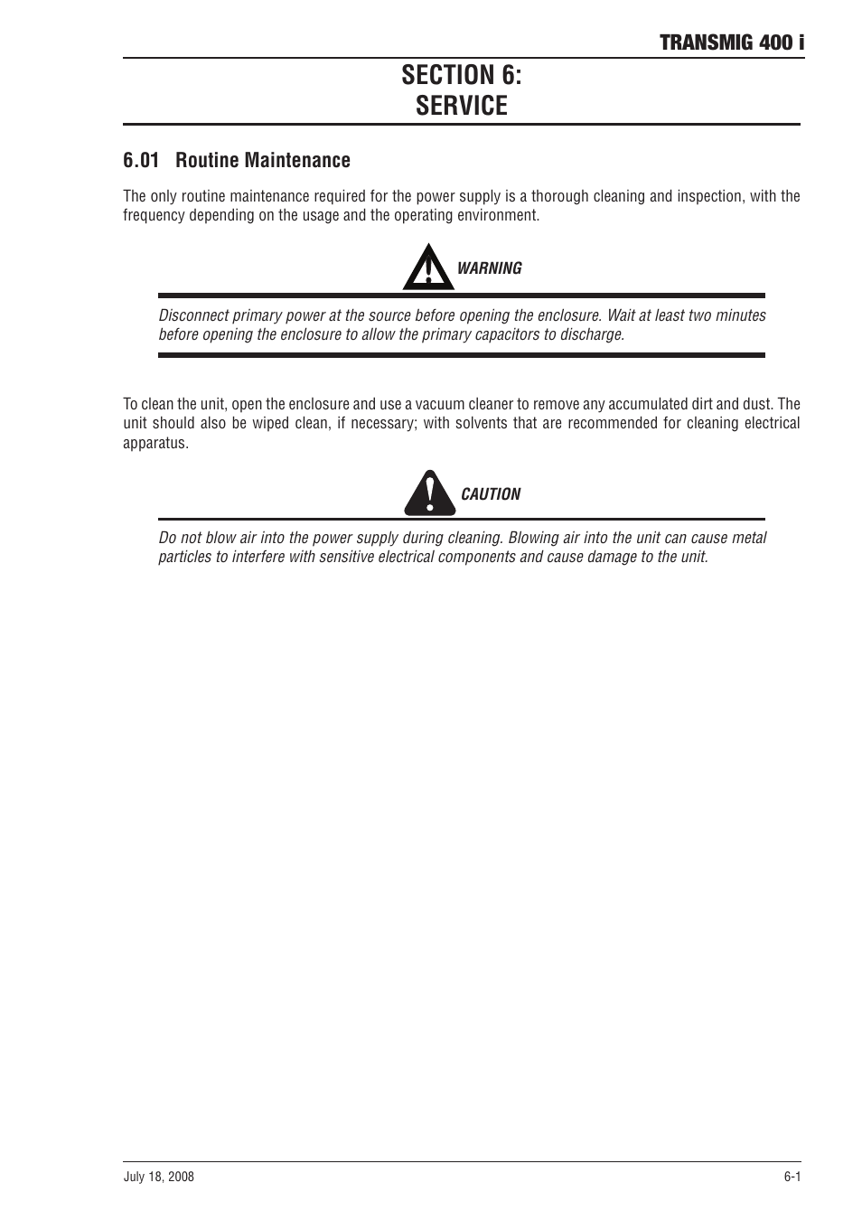 Section 6: service, 01 routine maintenance, Section 6 | Service -1, 01 routine maintenance -1 | Tweco 400i Transmig User Manual | Page 41 / 64