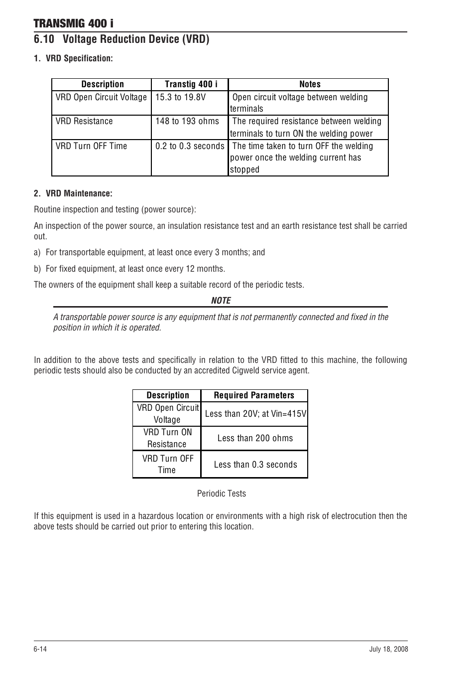 10 voltage reduction device (vrd), 10 voltage reduction device (vrd) -14, Transmig 400 i | Tweco 400i Transmig User Manual | Page 54 / 64