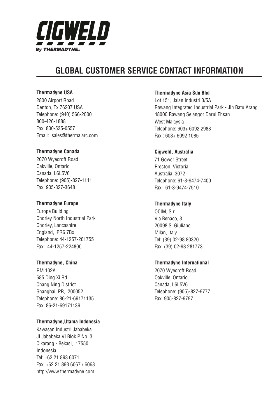 Global customer service contact information | Tweco 400i Transmig User Manual | Page 63 / 64