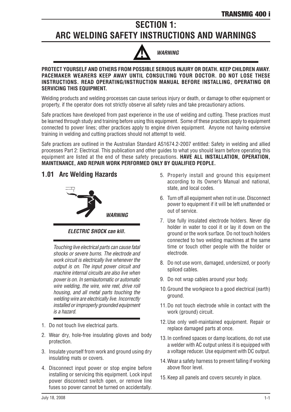 01 arc welding hazards, Section 1, Arc welding safety instructions and warnings -1 | 01 arc welding hazards -1, Transmig 400 i | Tweco 400i Transmig User Manual | Page 7 / 64