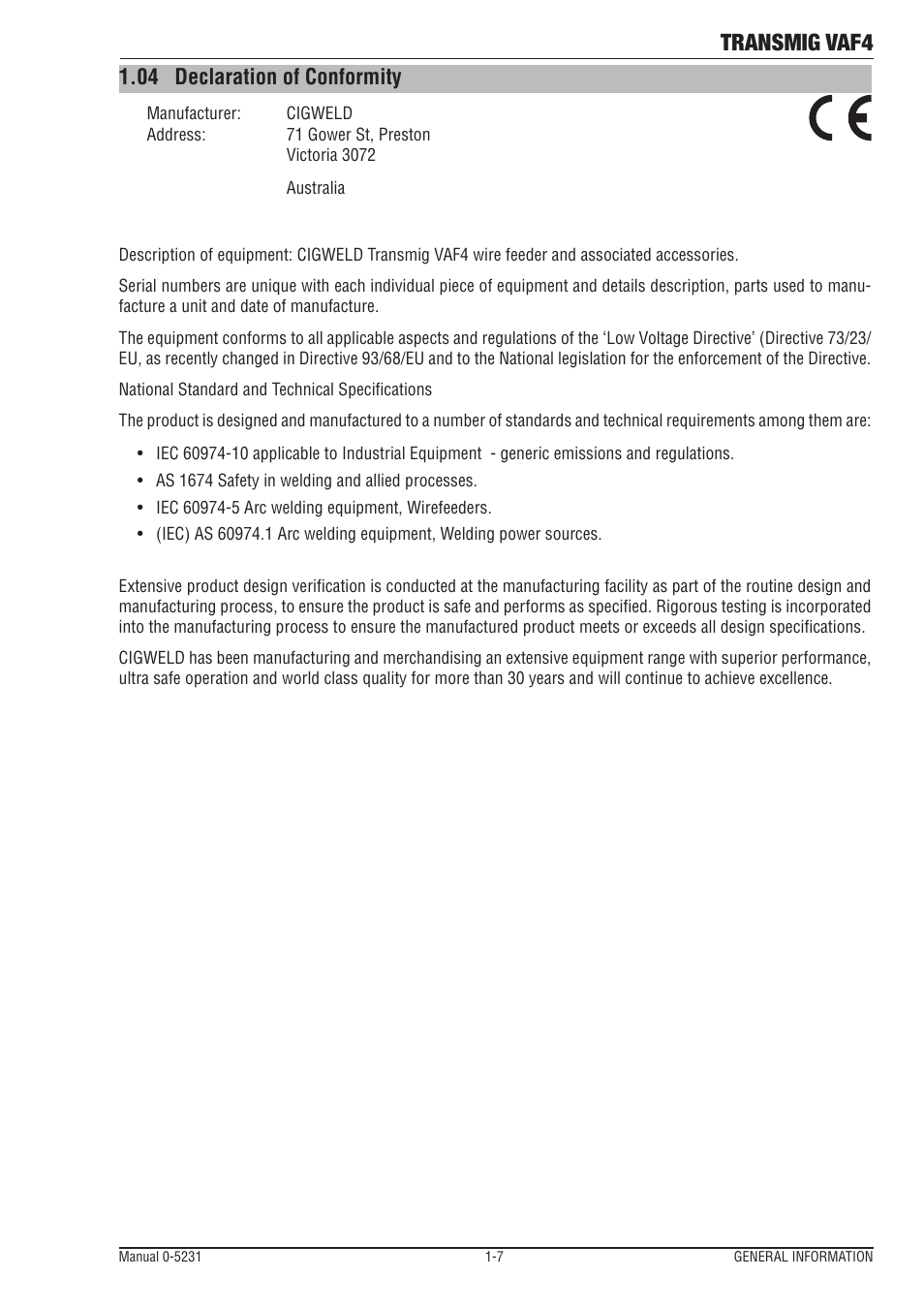 04 declaration of conformity, Declaration of conformity -7, Transmig vaf4 | Tweco VAF4 Transmig User Manual | Page 13 / 88
