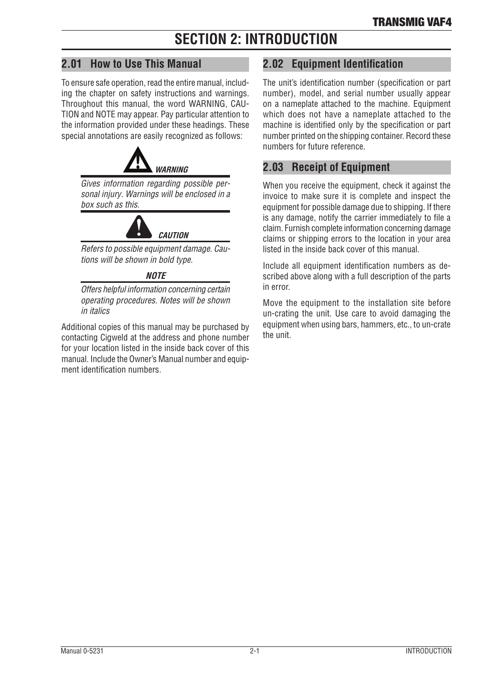 Section 2: introduction, 01 how to use this manual, 02 equipment identification | 03 receipt of equipment, Section 2: introduction -1, How to use this manual -1, Equipment identification -1, Receipt of equipment -1, Transmig vaf4 | Tweco VAF4 Transmig User Manual | Page 15 / 88