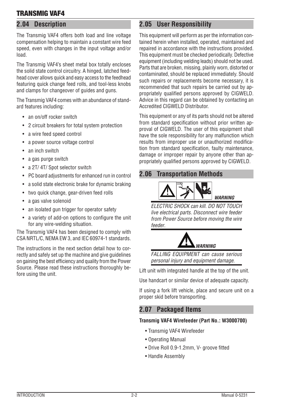 04 description, 05 user responsibility, 06 transportation methods | 07 packaged items, 04 description -2 2.05, User responsibility -2, Transportation methods -2, Packaged items -2, Transmig vaf4 | Tweco VAF4 Transmig User Manual | Page 16 / 88