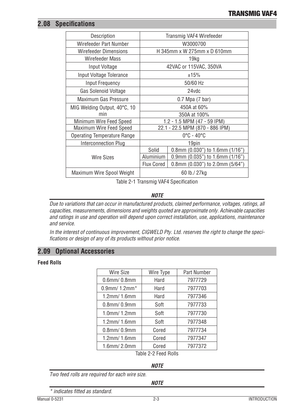 08 specifications, 09 optional accessories, 08 specifications -3 2.09 | Optional accessories -3, Transmig vaf4 | Tweco VAF4 Transmig User Manual | Page 17 / 88