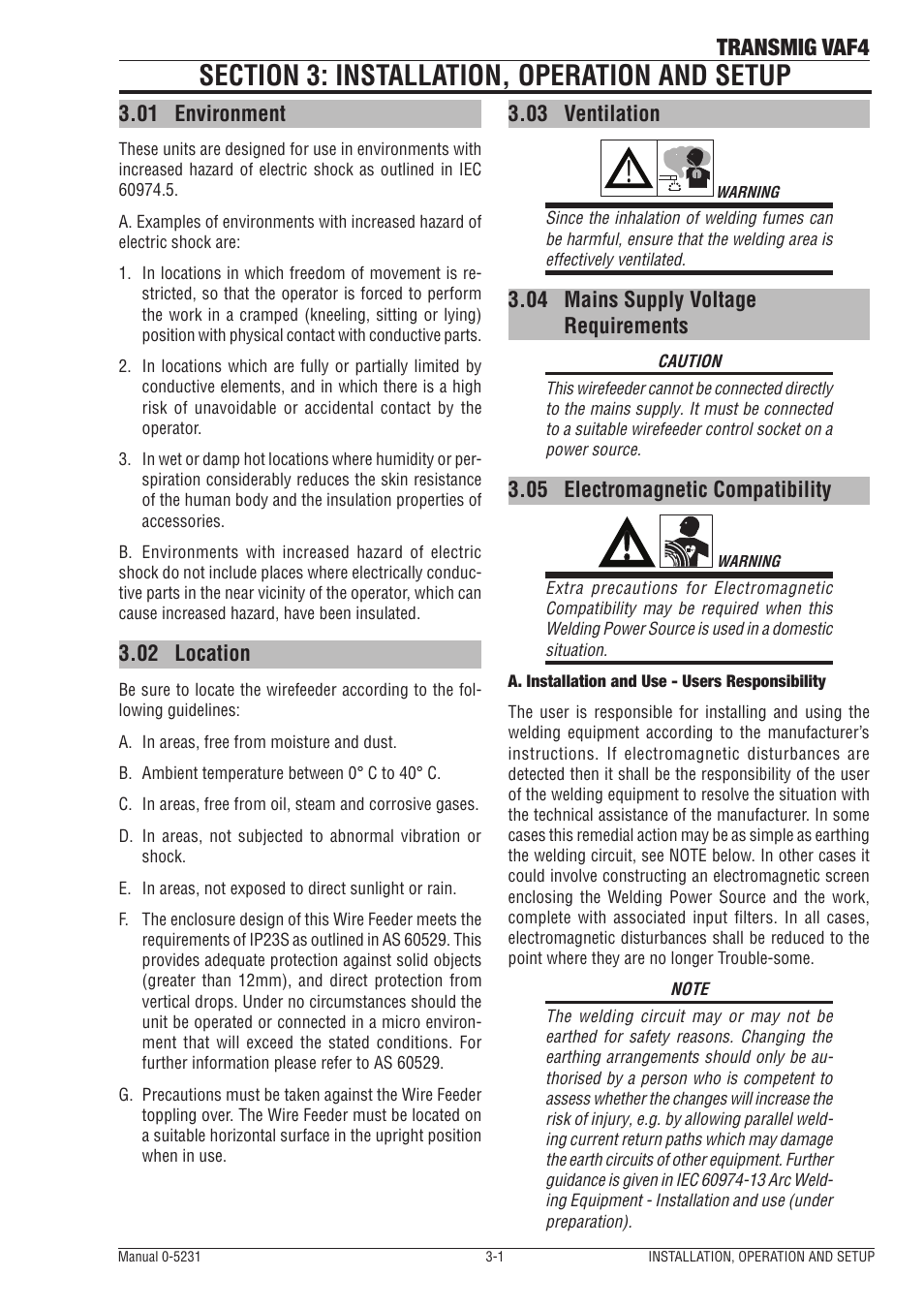 Section 3: installation, operation and setup, 01 environment, 02 location | 03 ventilation, 04 mains supply voltage requirements, 05 electromagnetic compatibility, Section 3: installation, operation and setup -1, Mains supply voltage requirements -1, Electromagnetic compatibility -1, Transmig vaf4 | Tweco VAF4 Transmig User Manual | Page 19 / 88