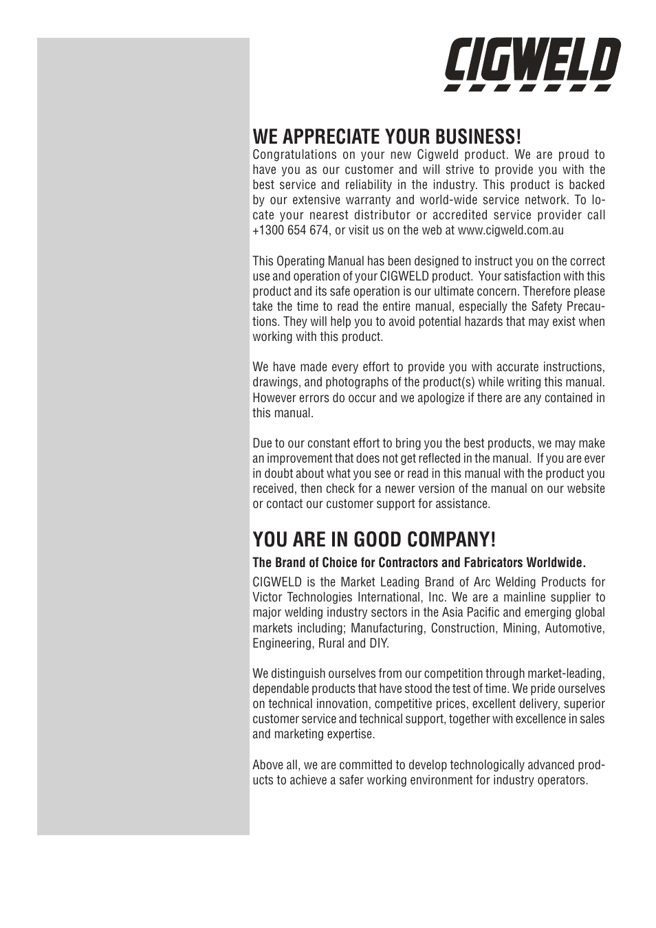 We appreciate your business, You are in good company | Tweco VAF4 Transmig User Manual | Page 2 / 88