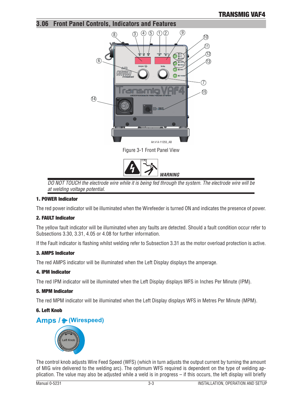 06 front panel controls, indicators and features, Front panel controls, indicators and features -3, Transmig vaf4 | Amps, Wirespeed) | Tweco VAF4 Transmig User Manual | Page 21 / 88