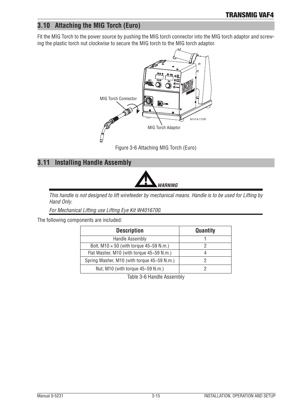 10 attaching the mig torch (euro), 11 installing handle assembly, Attaching the mig torch (euro) -15 | Installing handle assembly -15, Transmig vaf4 | Tweco VAF4 Transmig User Manual | Page 33 / 88