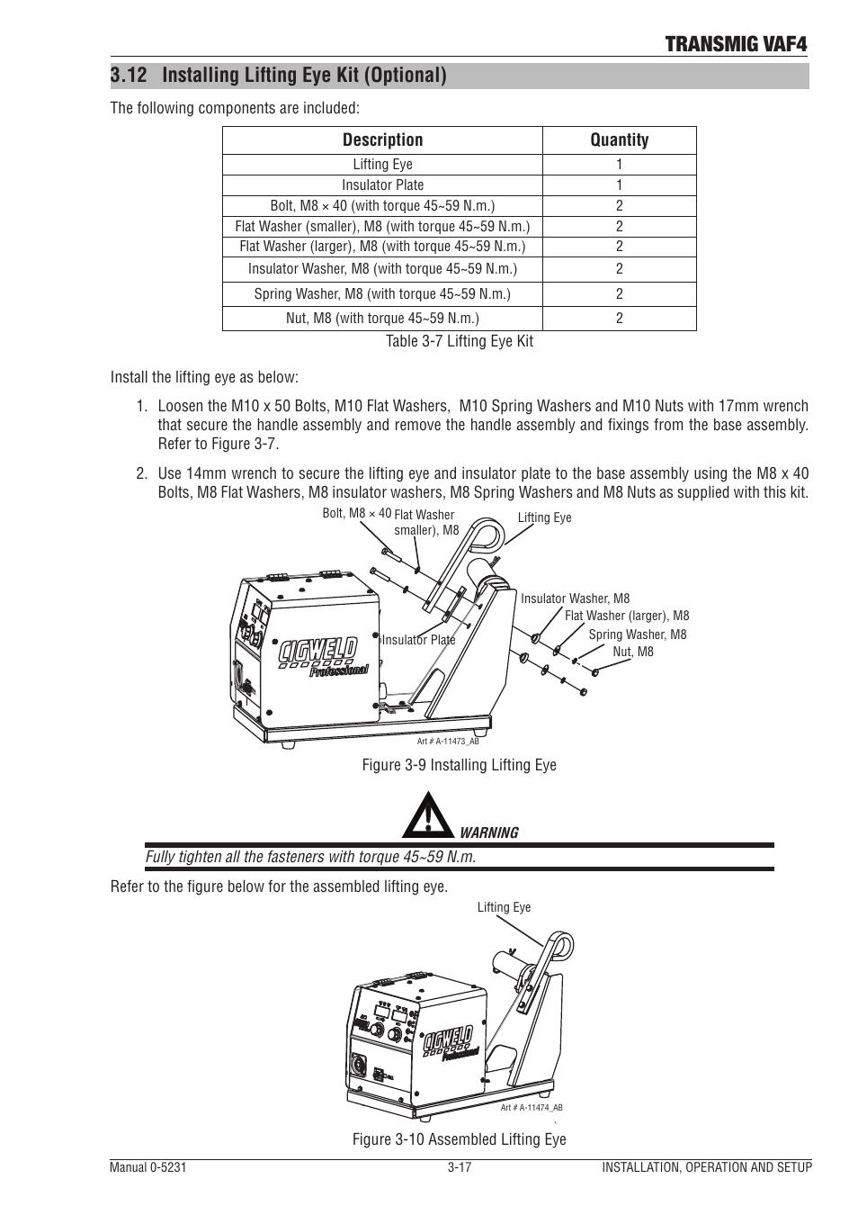 12 installing lifting eye kit (optional), Installing lifting eye kit (optional) -17, Transmig vaf4 | Tweco VAF4 Transmig User Manual | Page 35 / 88