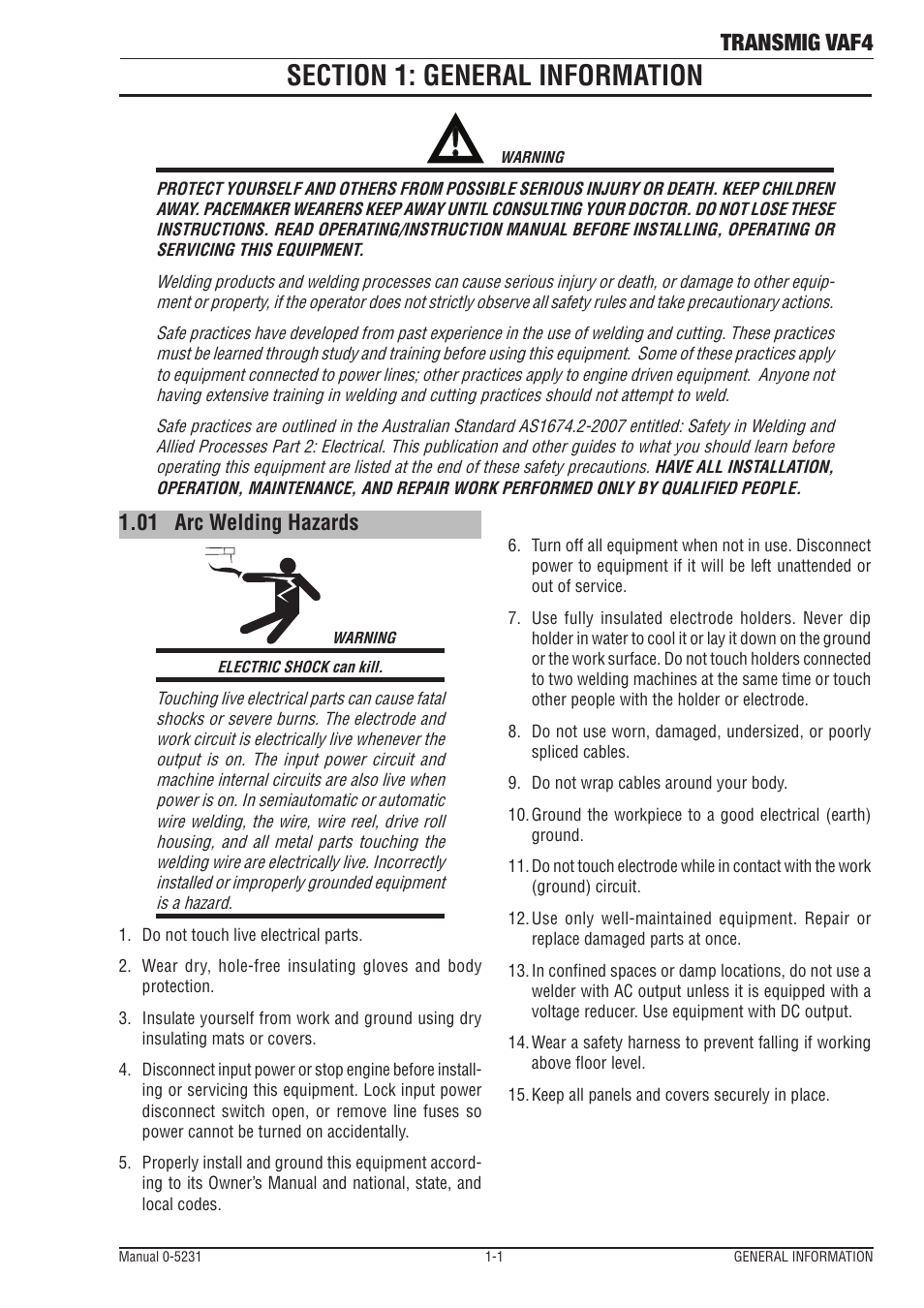 Section 1: general information, 01 arc welding hazards, Section 1: general information -1 | Arc welding hazards -1, Transmig vaf4 | Tweco VAF4 Transmig User Manual | Page 7 / 88