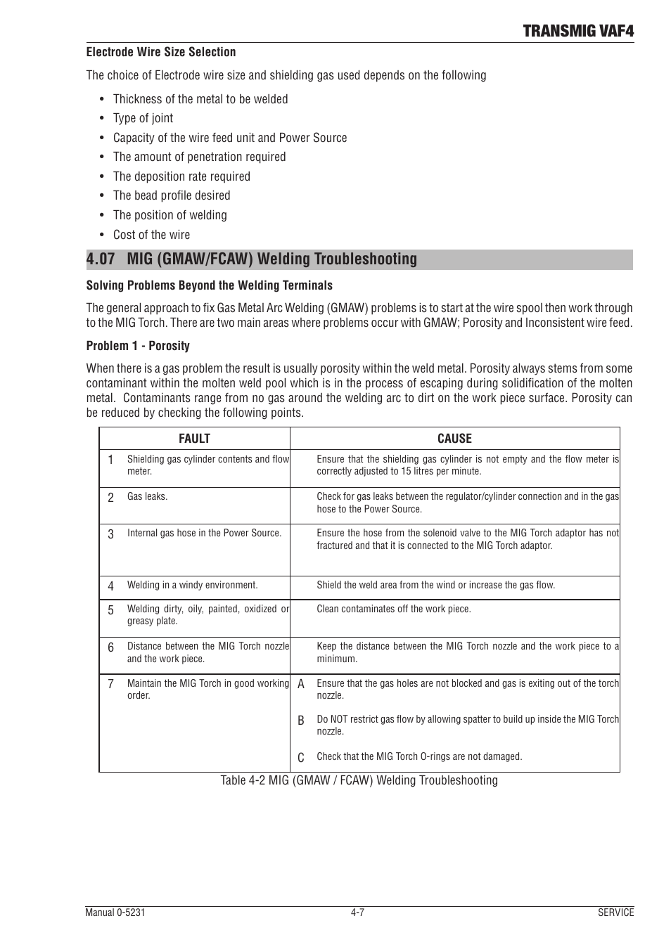 07 mig (gmaw/fcaw) welding troubleshooting, Mig (gmaw/fcaw) welding troubleshooting -7, Transmig vaf4 | Tweco VAF4 Transmig User Manual | Page 71 / 88