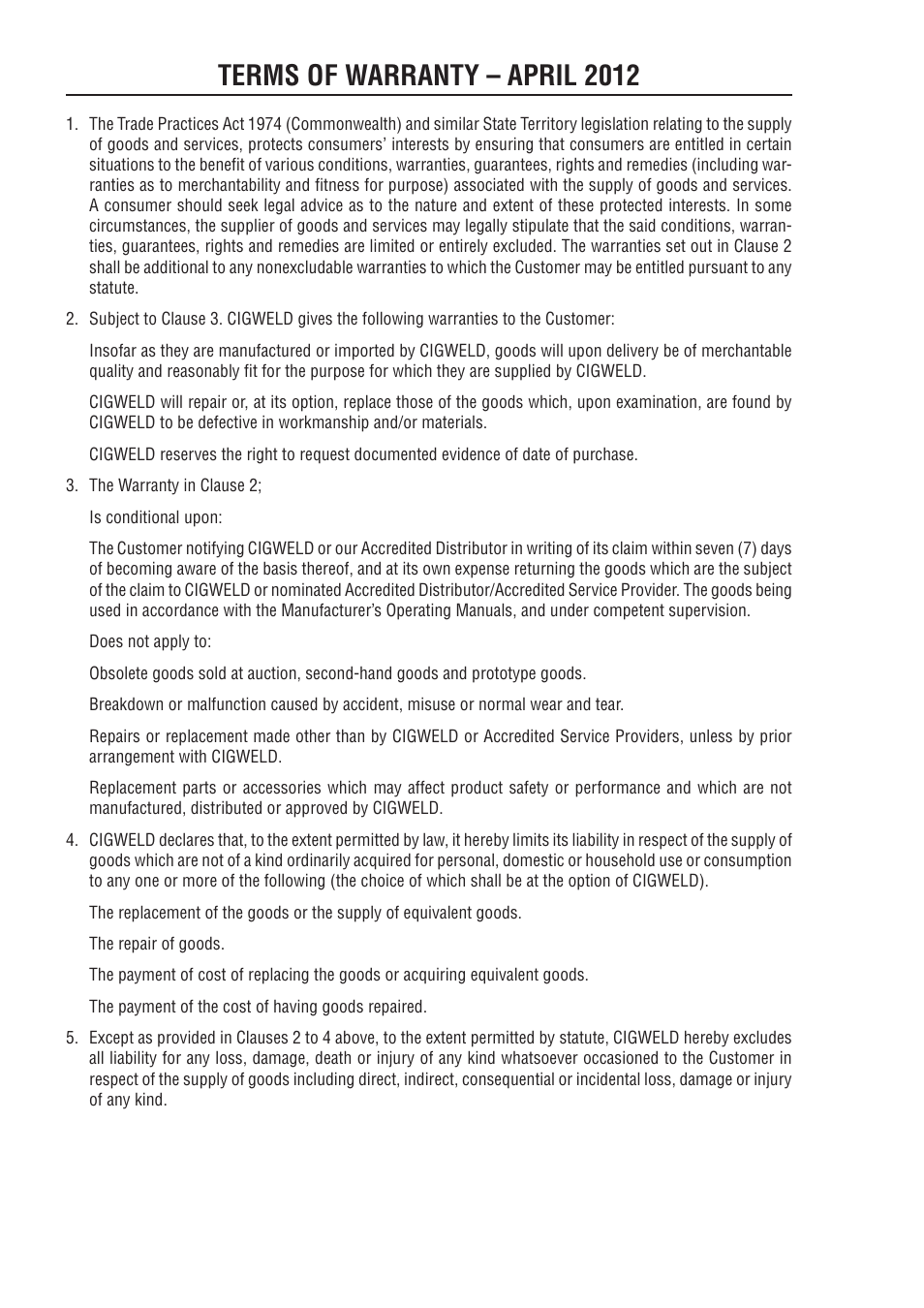Terms of warranty – april 2012, Terms of warranty - april 2010 | Tweco VAF4 Transmig User Manual | Page 84 / 88