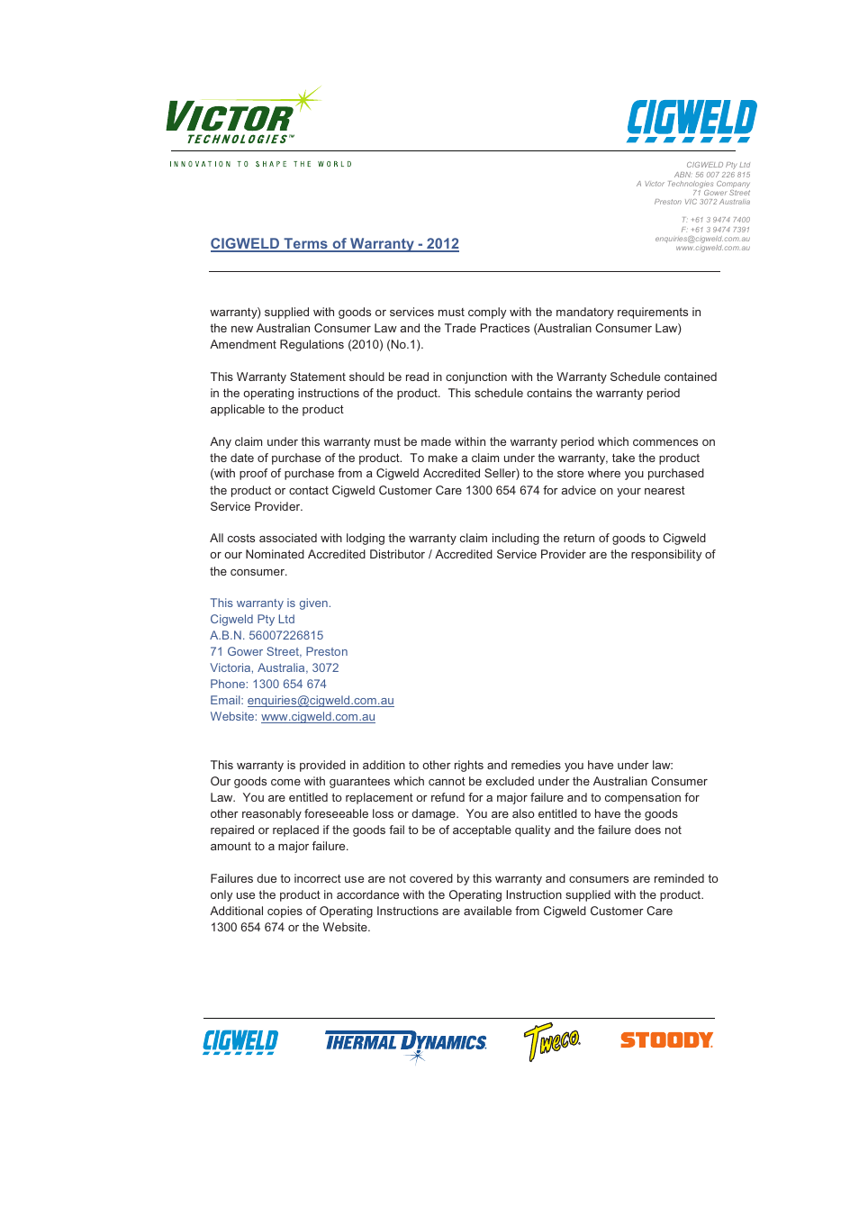 Cigweld terms of warranty - 2012 | Tweco VAF4 Transmig User Manual | Page 86 / 88