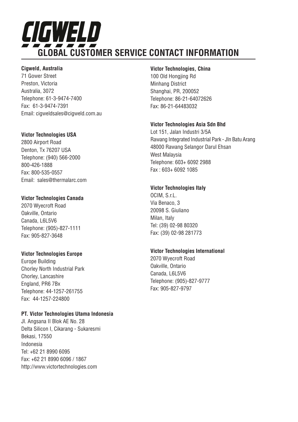 Global customer service contact information | Tweco VAF4 Transmig User Manual | Page 87 / 88