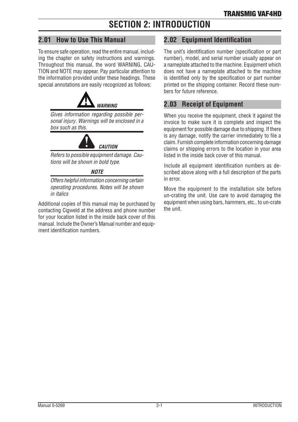 Section 2: introduction, 01 how to use this manual, 02 equipment identification | 03 receipt of equipment, Section 2: introduction -1, How to use this manual -1, Equipment identification -1, Receipt of equipment -1, Transmig vaf4hd | Tweco VAF4HD Transmig User Manual | Page 15 / 84