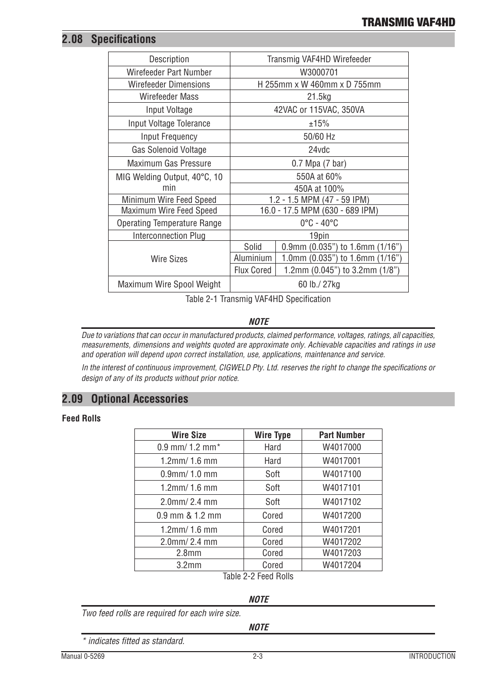 08 specifications, 09 optional accessories, 08 specifications -3 2.09 | Optional accessories -3, Transmig vaf4hd | Tweco VAF4HD Transmig User Manual | Page 17 / 84