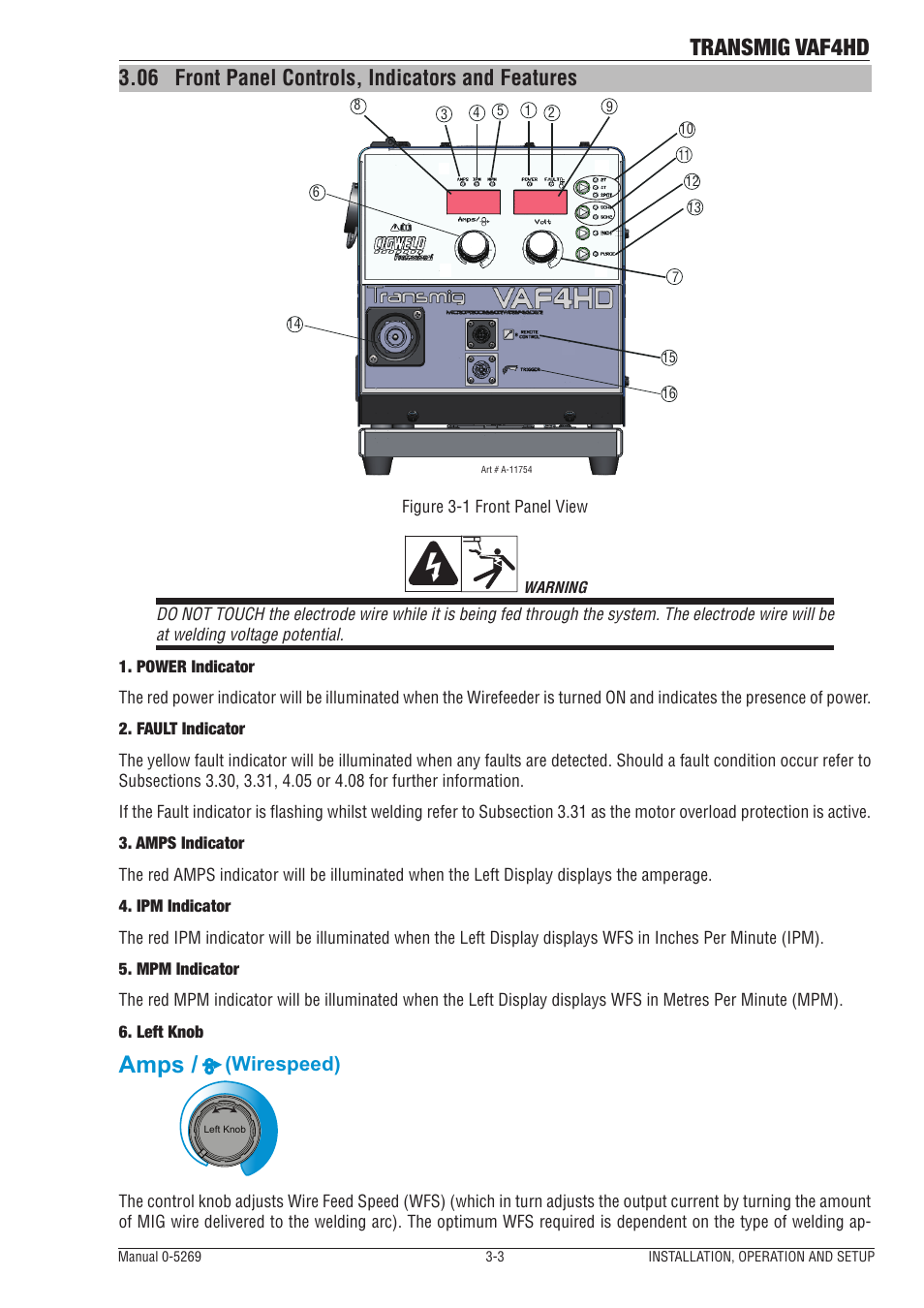 06 front panel controls, indicators and features, Front panel controls, indicators and features -3, Transmig vaf4hd | Amps, Wirespeed) | Tweco VAF4HD Transmig User Manual | Page 21 / 84