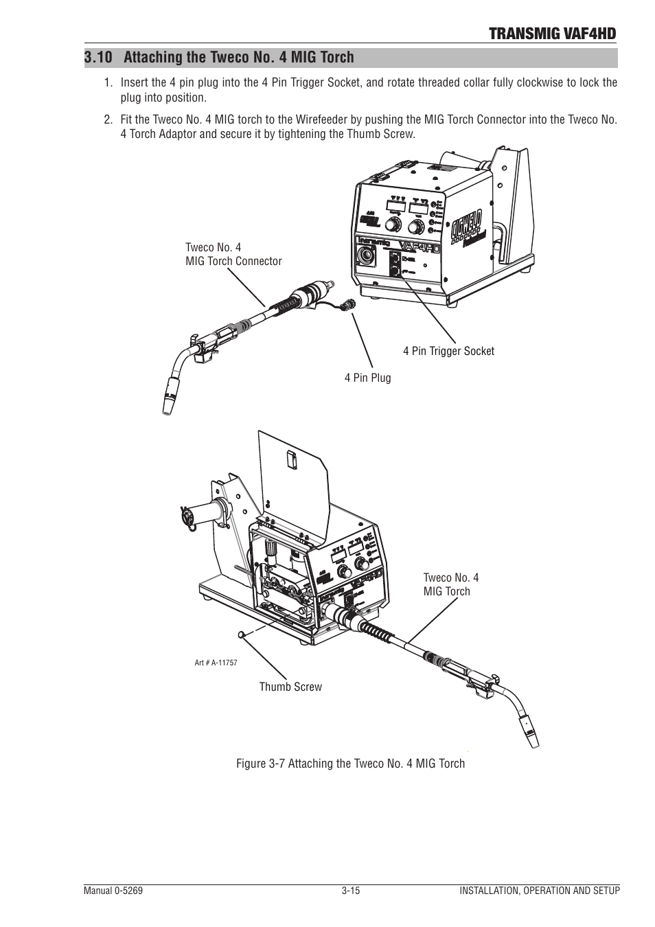 10 attaching the tweco no. 4 mig torch, Attaching the tweco no. 4 mig torch -15, Transmig vaf4hd | Tweco VAF4HD Transmig User Manual | Page 33 / 84