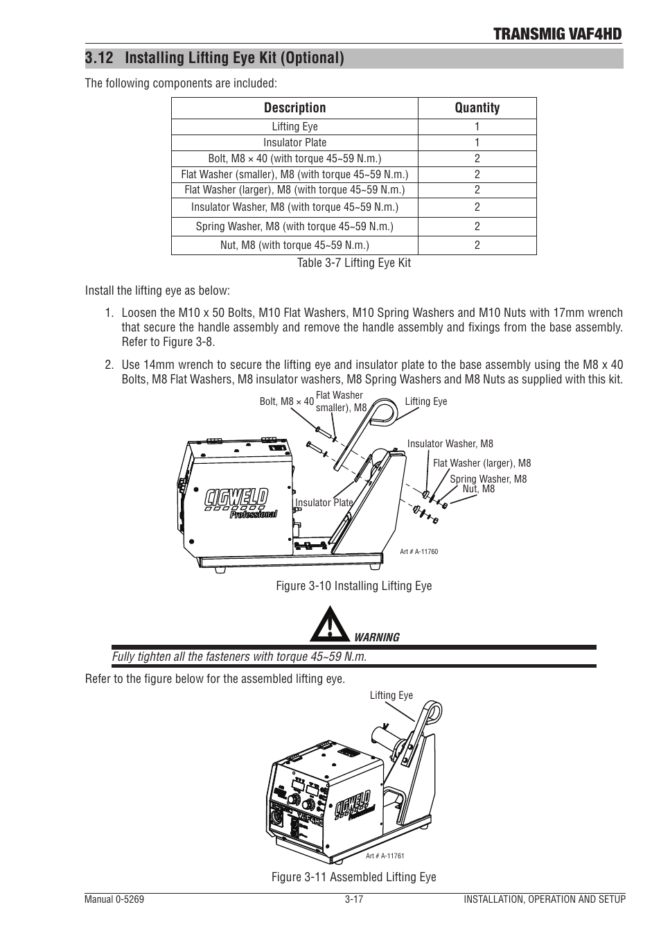12 installing lifting eye kit (optional), Installing lifting eye kit (optional) -17, Transmig vaf4hd | Tweco VAF4HD Transmig User Manual | Page 35 / 84