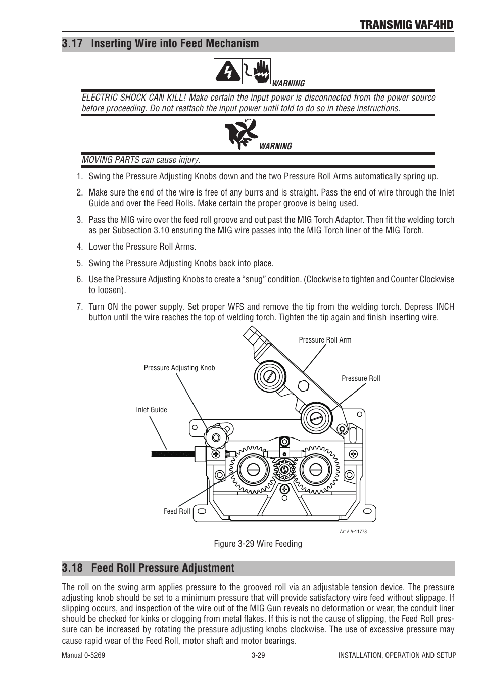 17 inserting wire into feed mechanism, 18 feed roll pressure adjustment, Inserting wire into feed mechanism -29 | Feed roll pressure adjustment -29, Transmig vaf4hd | Tweco VAF4HD Transmig User Manual | Page 47 / 84