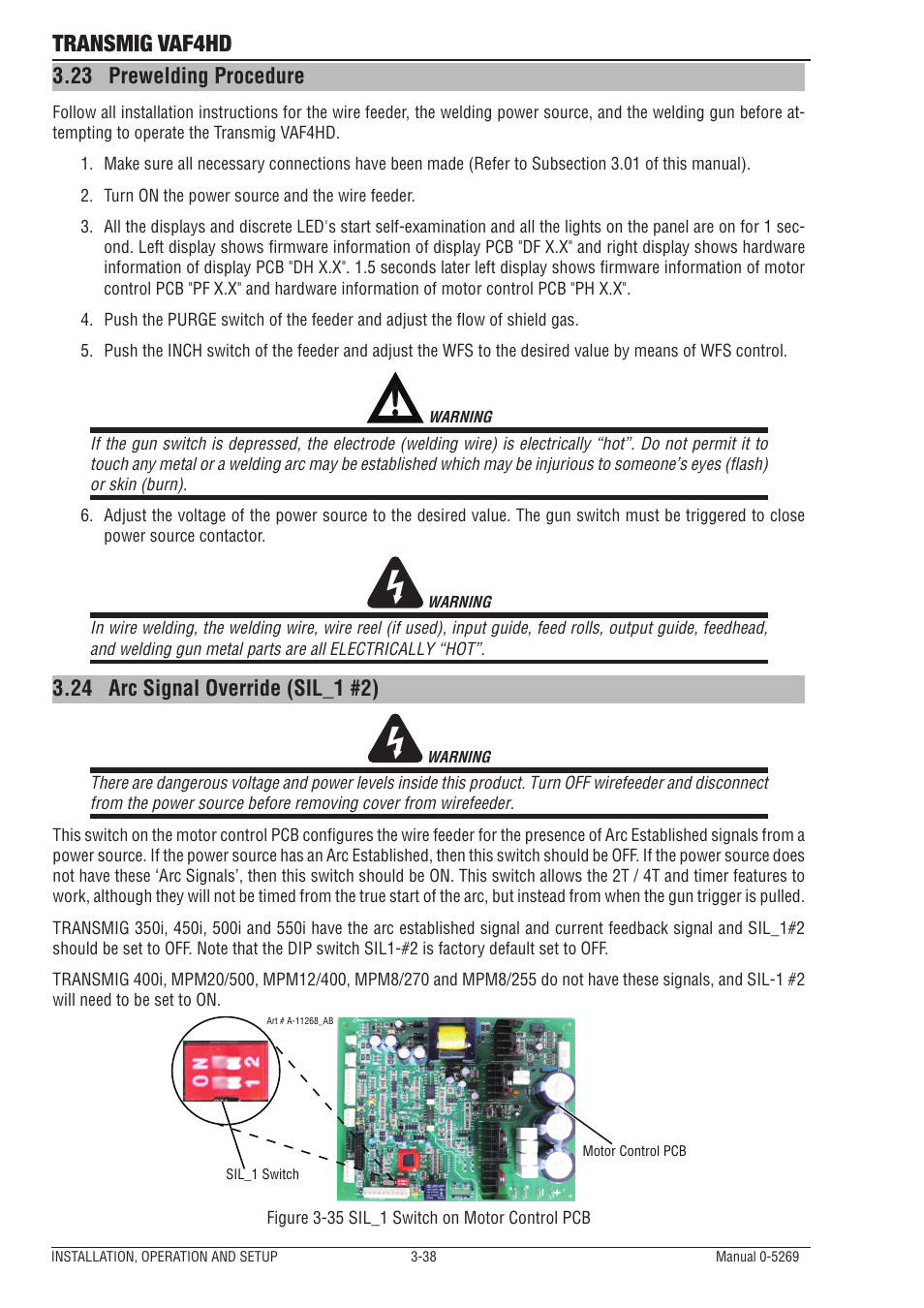 23 prewelding procedure, 24 arc signal override (sil_1 #2), Prewelding procedure -38 | Arc signal override (sil_1 #2) -38, Transmig vaf4hd | Tweco VAF4HD Transmig User Manual | Page 56 / 84