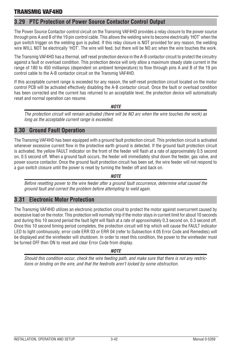 30 ground fault operation, 31 electronic motor protection, Ground fault operation -42 | Electronic motor protection -42, Transmig vaf4hd | Tweco VAF4HD Transmig User Manual | Page 60 / 84