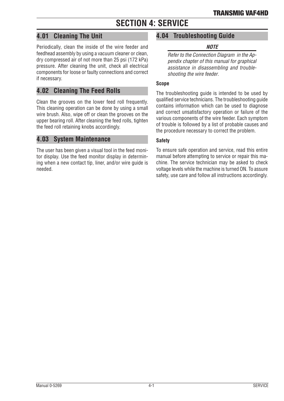 Section 4: service, 01 cleaning the unit, 02 cleaning the feed rolls | 03 system maintenance, 04 troubleshooting guide, Section 4: service -1, Cleaning the unit -1, Cleaning the feed rolls -1, System maintenance -1, Troubleshooting guide -1 | Tweco VAF4HD Transmig User Manual | Page 61 / 84