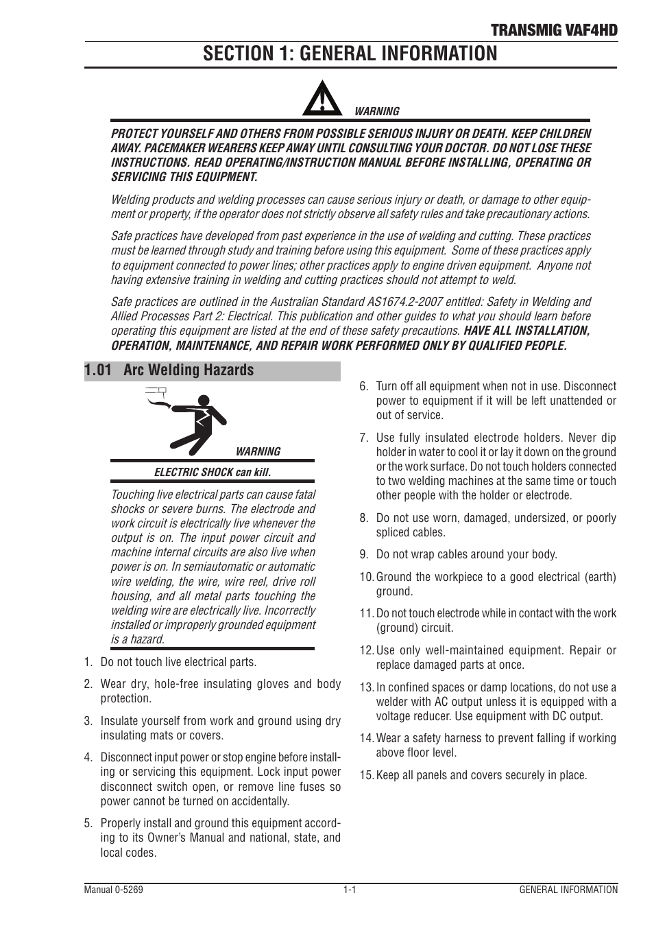 Section 1: general information, 01 arc welding hazards, Section 1: general information -1 | Arc welding hazards -1, Transmig vaf4hd | Tweco VAF4HD Transmig User Manual | Page 7 / 84