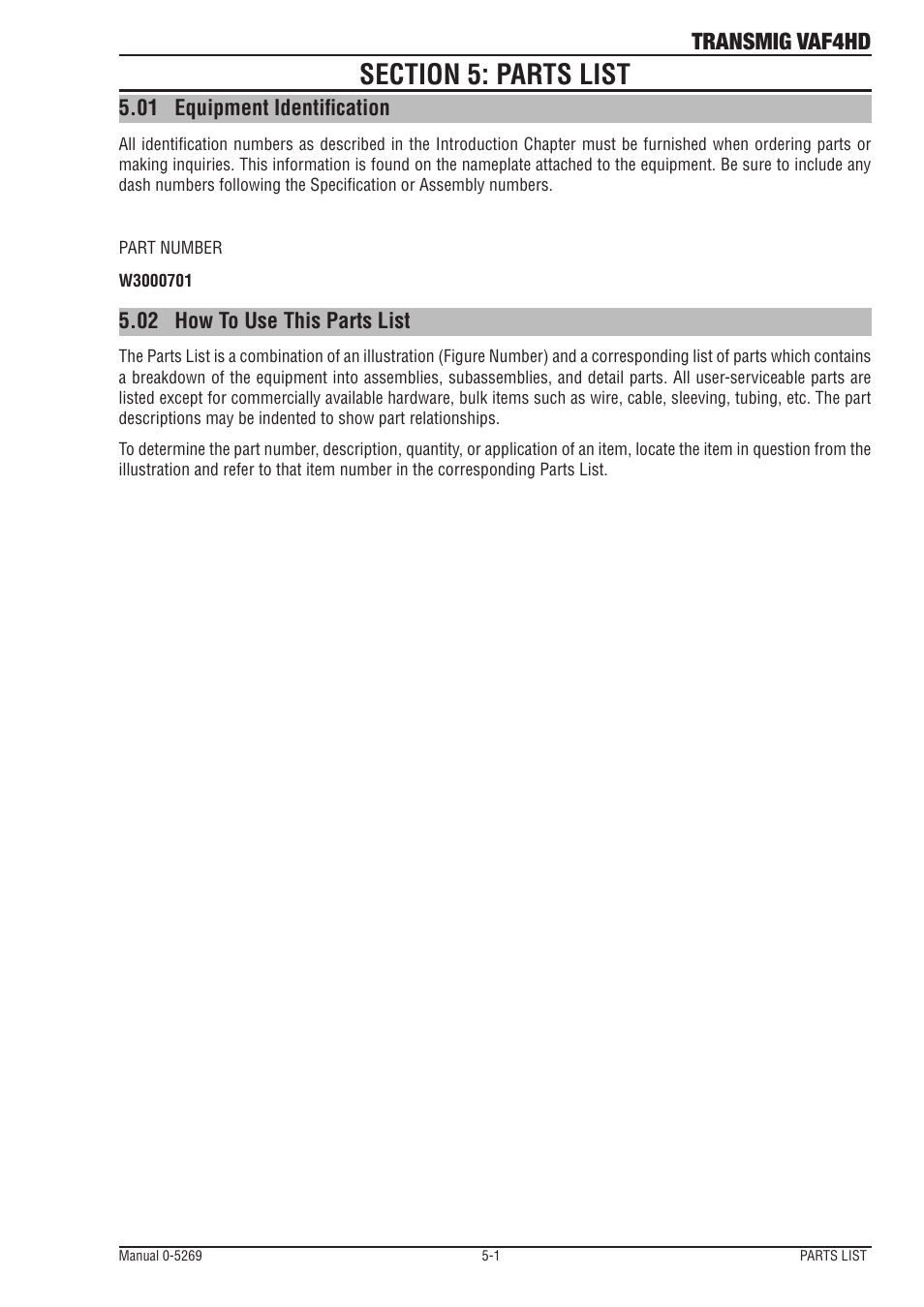 Section 5: parts list, 01 equipment identification, 02 how to use this parts list | Section 5: parts list -1, Equipment identification -1, How to use this parts list -1, Transmig vaf4hd | Tweco VAF4HD Transmig User Manual | Page 73 / 84