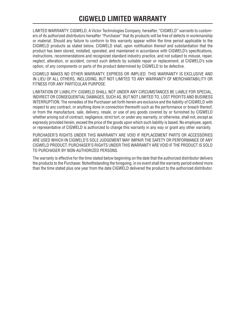 Cigweld limited warranty | Tweco VAF4HD Transmig User Manual | Page 79 / 84