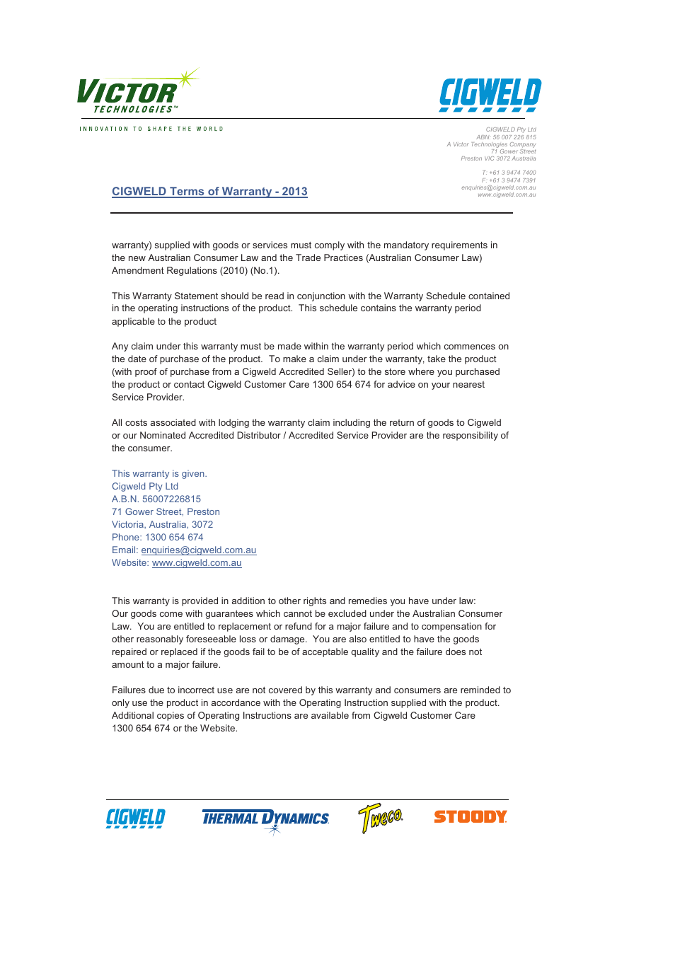 Cigweld terms of warranty - 2013 | Tweco VAF4HD Transmig User Manual | Page 82 / 84
