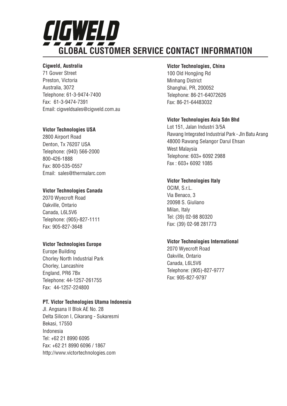 Global customer service contact information | Tweco VAF4HD Transmig User Manual | Page 83 / 84