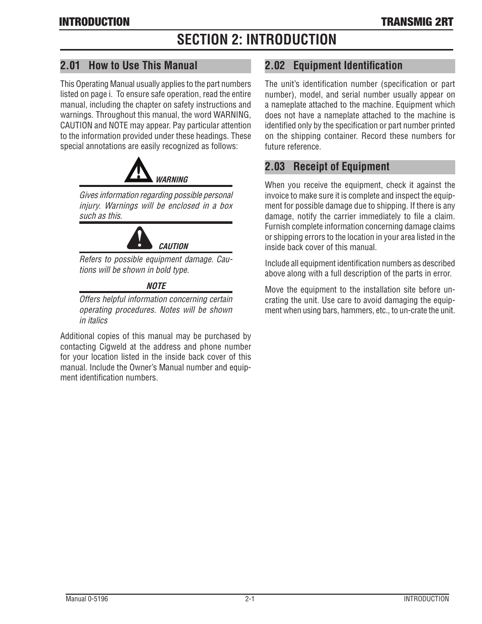 Section 2: introduction, 01 how to use this manual, 02 equipment identification | 03 receipt of equipment, Section 2: introduction -1, How to use this manual -1, Equipment identification -1, Receipt of equipment -1, Introduction transmig 2rt | Tweco 2RT Transmig User Manual | Page 13 / 54
