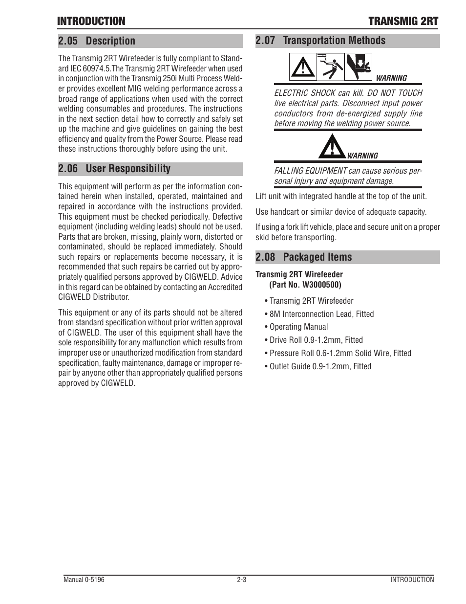 05 description, 06 user responsibility, 07 transportation methods | 08 packaged items, 05 description -3 2.06, User responsibility -3, Transportation methods -3, Packaged items -3, Introduction transmig 2rt | Tweco 2RT Transmig User Manual | Page 15 / 54