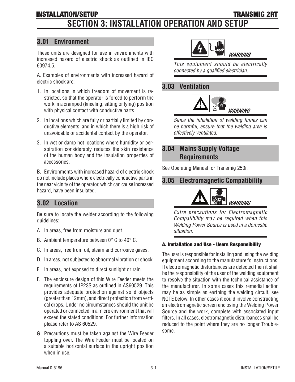 Section 3: installation operation and setup, 01 environment, 02 location | 03 ventilation, 04 mains supply voltage requirements, 05 electromagnetic compatibility, Section 3: installation operation and setup -1, Mains supply voltage requirements -1, Electromagnetic compatibility -1, Installation/setup transmig 2rt | Tweco 2RT Transmig User Manual | Page 17 / 54