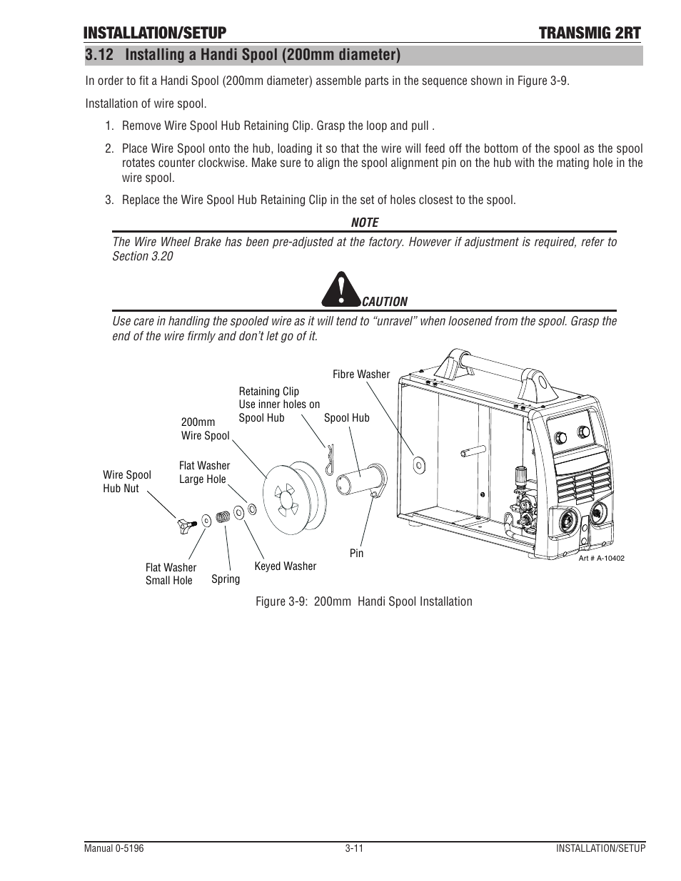 12 installing a handi spool (200mm diameter), Installing a handi spool (200mm diameter) -11, Installation/setup transmig 2rt | Tweco 2RT Transmig User Manual | Page 27 / 54