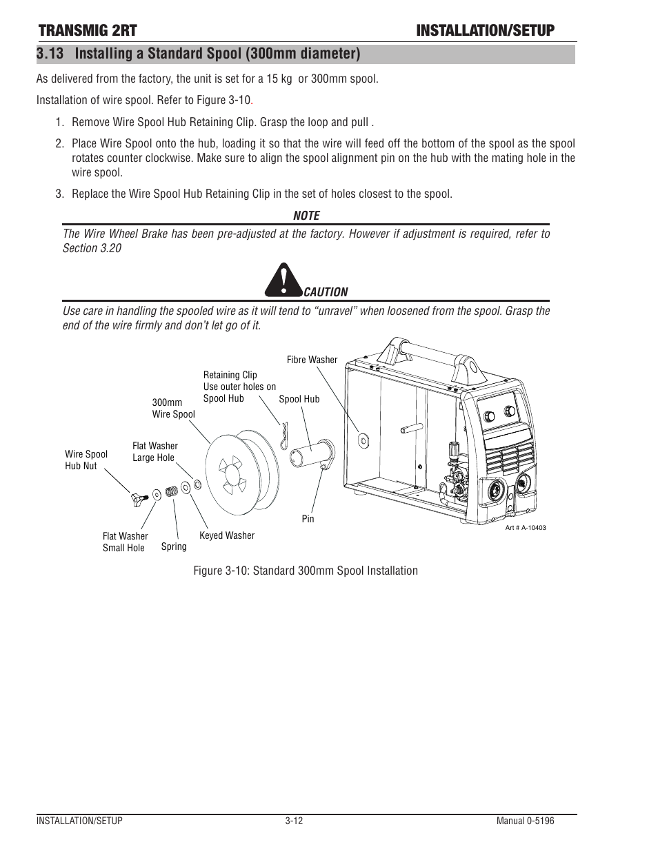 13 installing a standard spool (300mm diameter), Installing a standard spool (300mm diameter) -12, Transmig 2rt installation/setup | Tweco 2RT Transmig User Manual | Page 28 / 54