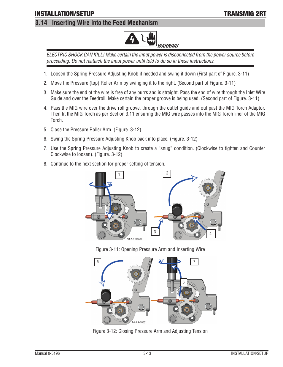 14 inserting wire into the feed mechanism, Inserting wire into the feed mechanism -13, Installation/setup transmig 2rt | Tweco 2RT Transmig User Manual | Page 29 / 54