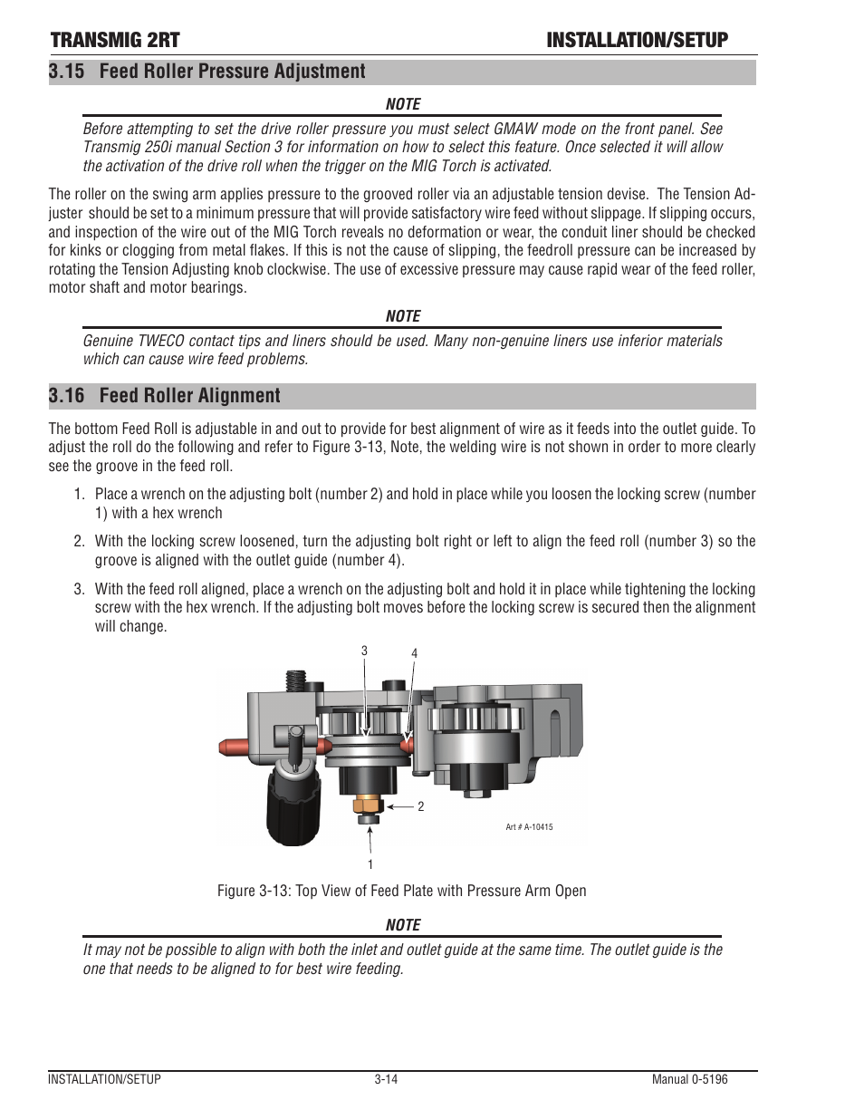 15 feed roller pressure adjustment, 16 feed roller alignment, Feed roller pressure adjustment -14 | Feed roller alignment -14, Transmig 2rt installation/setup | Tweco 2RT Transmig User Manual | Page 30 / 54
