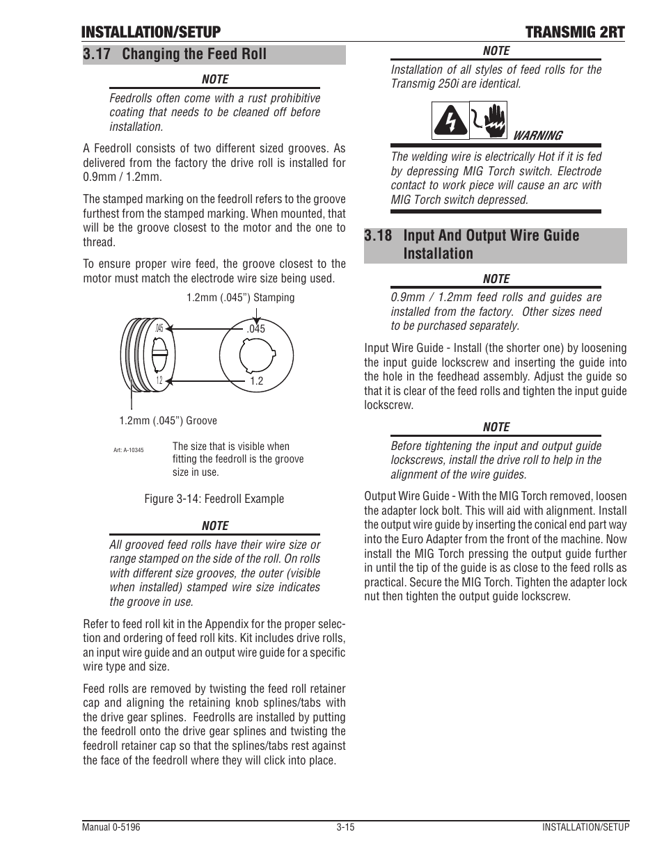 17 changing the feed roll, 18 input and output wire guide installation, Changing the feed roll -15 | Input and output wire guide installation -15, Installation/setup transmig 2rt | Tweco 2RT Transmig User Manual | Page 31 / 54