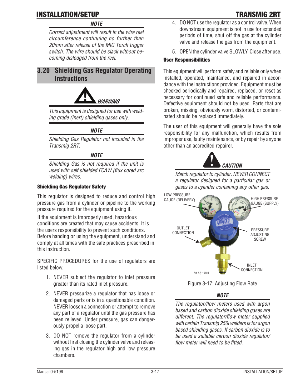20 shielding gas regulator operating instructions, Shielding gas regulator operating instructions -17, Installation/setup transmig 2rt | Tweco 2RT Transmig User Manual | Page 33 / 54