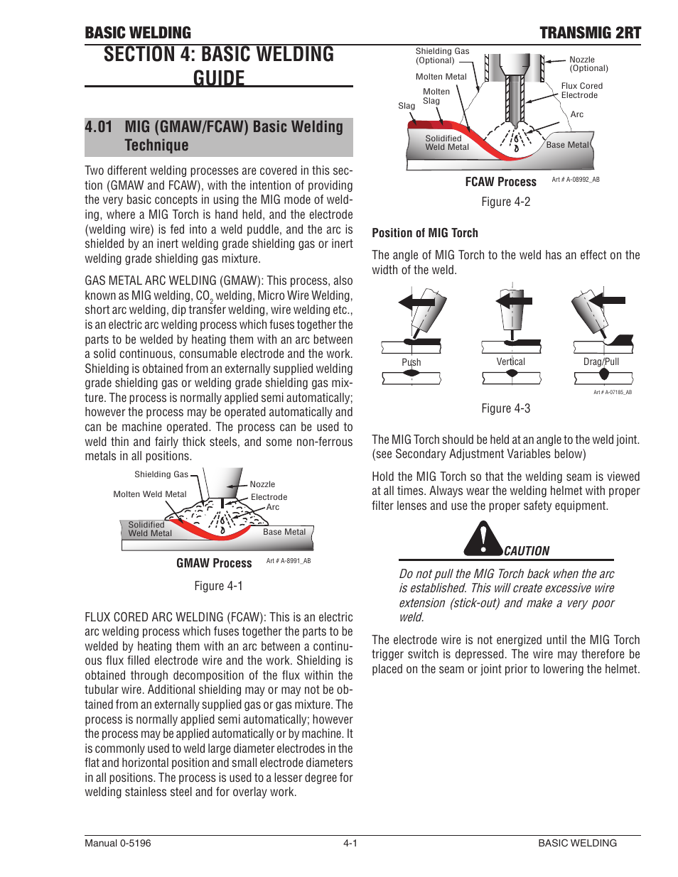 Section 4: basic welding guide, 01 mig (gmaw/fcaw) basic welding technique, Section 4: basic welding guide -1 | Mig (gmaw/fcaw) basic welding technique -1, Basic welding transmig 2rt | Tweco 2RT Transmig User Manual | Page 37 / 54